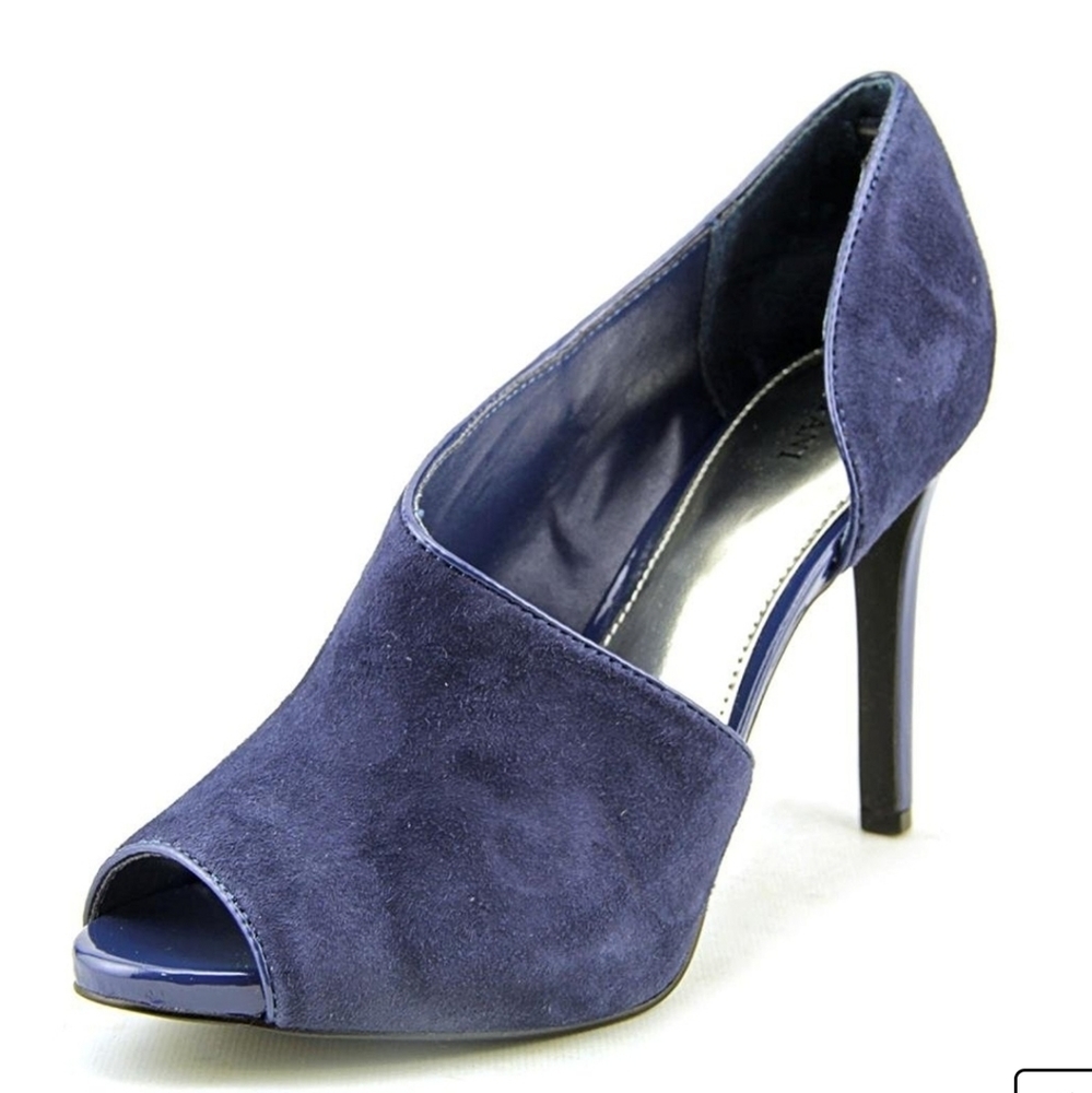 Alfani Lusee peep toe blue seude leather heels size 6M